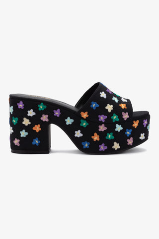 Mule Plataforma Miso Linho Preto com Bordado Floral