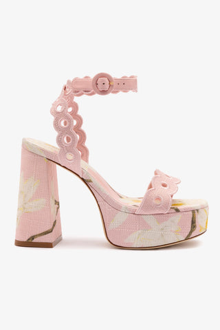 Sandália Dolly Ráfia Estampada Rosa e Broderie