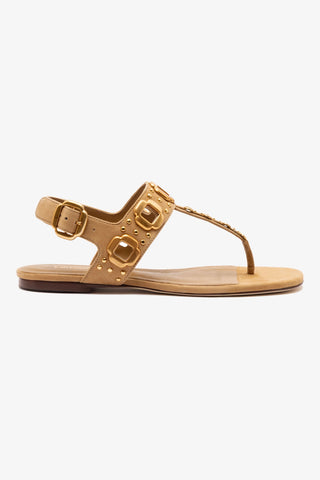 Sandália Flat Milan Camurça Caramelo e Tachas Dourado