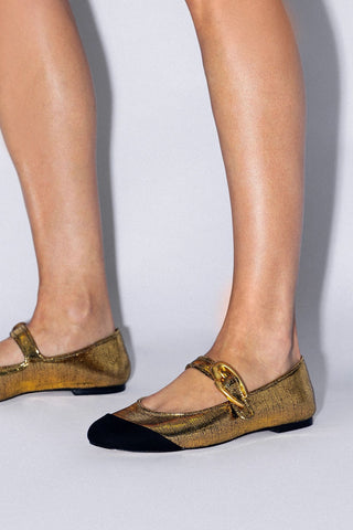 Sapatilha Verona Duo Couro Dourado e Camurça Preto Flat Larroudé