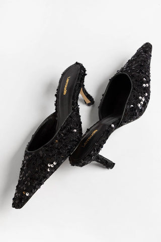 Mule Carine Tweed Preto e Lantejoulas Larroudé