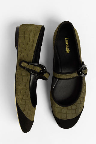 Sapatilha Verona Cap Camurça Croco Verde Oliva e Preto Ballet Larroudé