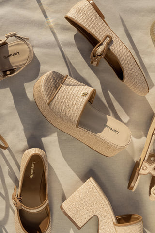 Alex Flatform Mule In Natural Raffia and Hazelnut Trimming