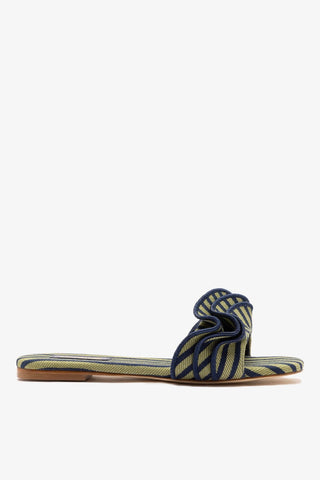 Flat Ivy Lona Listrada Azul e Babados Larroudé