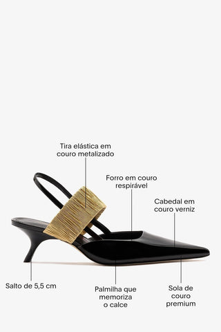 Larroudé by Bruno Frisoni: Slingback Babe Sling Couro Verniz Preto e Dourado Pump Larroudé x Bruno Frisoni