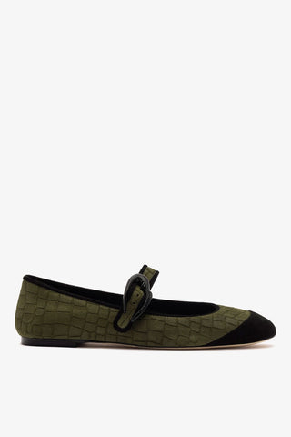 Sapatilha Verona Cap Camurça Croco Verde Oliva e Preto Ballet Larroudé