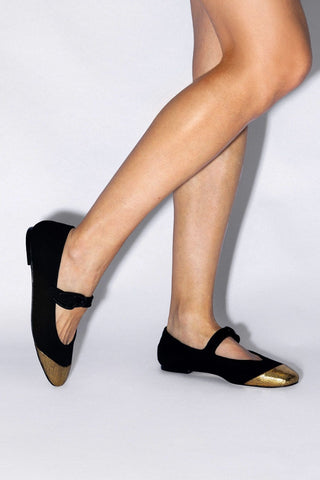 Sapatilha Verona Duo Camurça Preto e Couro Dourado Flat Larroudé