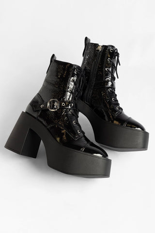Bota Plataforma Olivia Patti Couro Verniz Preto Boot Larroudé