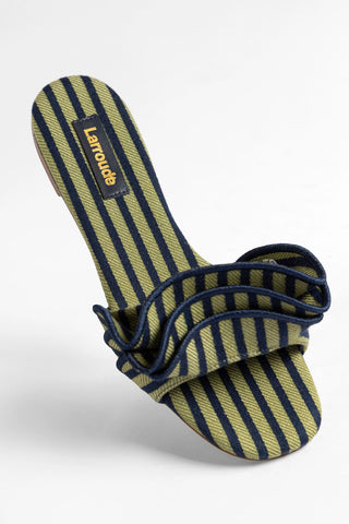 Flat Ivy Lona Listrada Azul e Babados Larroudé