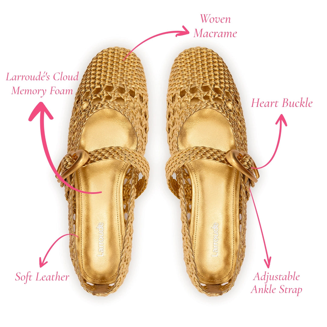 Verona Macrame Ballet Flat In Gold Metallic Leather