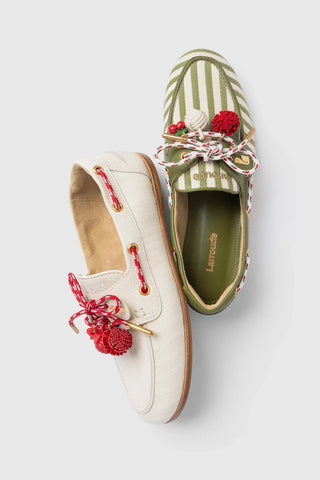 Mocassim Boat Shoe Cyprus Lona Listrada Verde Loafer Larroudé