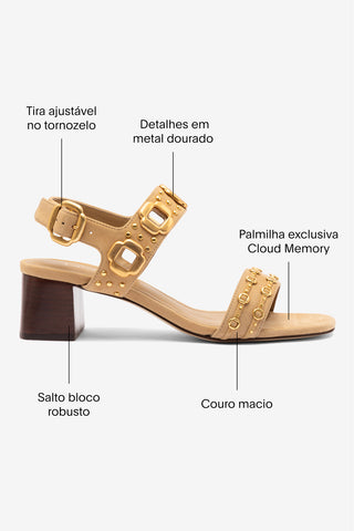 Sandália Salto Bloco Milan Marrom e Tachas Dourado