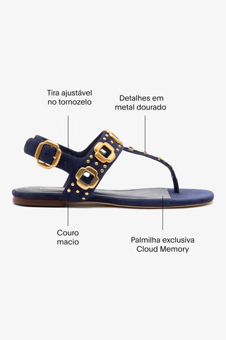 Sandália Flat Milan Couro Azul e Tachas Dourado
