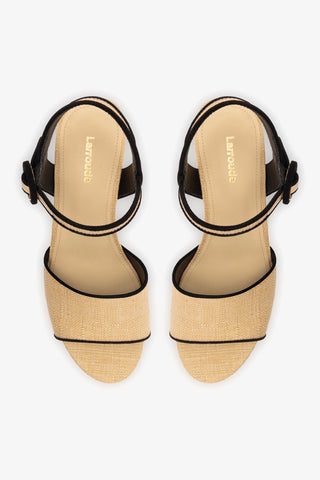 Sandália Plataforma Miso Ráfia Bege e Camurça Preto
