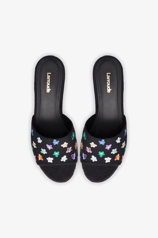 Mule Plataforma Miso Linho Preto com Bordado Floral