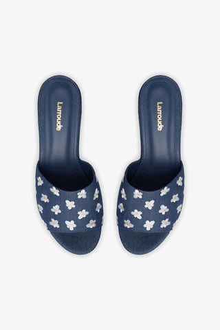Mule Plataforma Miso Jeans Azul com Bordado Floral
