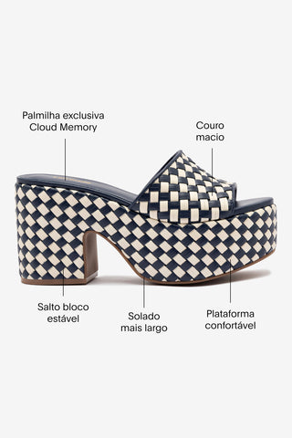 Mule Plataforma Miso Couro Azul e Couro Off White