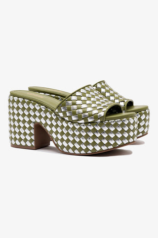 Miso Platform Sandal In Seaweed Leather and Silver Metallic Leather