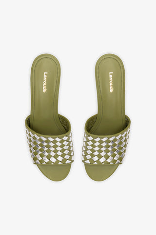 Miso Platform Sandal In Seaweed Leather and Silver Metallic Leather