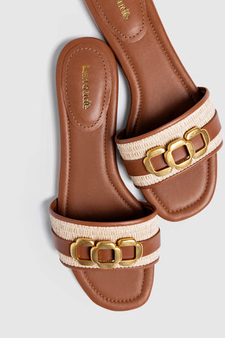 Flat Franca Ráfia Natural e Couro Caramelo