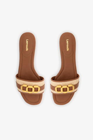 Flat Franca Ráfia Natural e Couro Caramelo