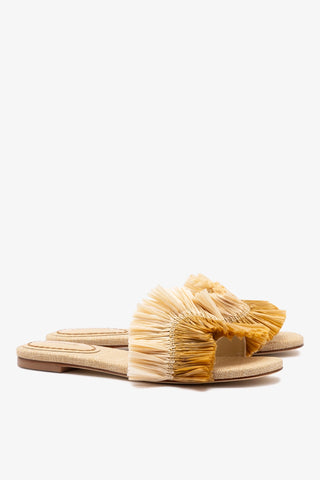 Flat Ivy Ráfia Bege e Franjas Flat Sandal Larroudé