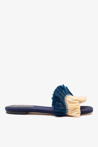 Flat Ivy Ráfia Azul e Franjas Flat Sandal Larroudé