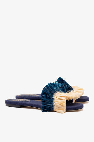 Flat Ivy Ráfia Azul e Franjas Flat Sandal Larroudé