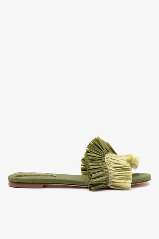Flat Ivy Ráfia Verde e Franjas Flat Sandal Larroudé
