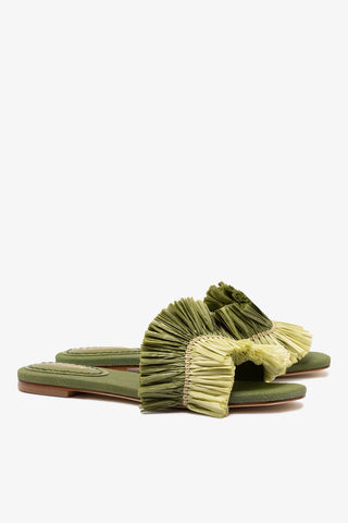 Flat Ivy Ráfia Verde e Franjas Flat Sandal Larroudé