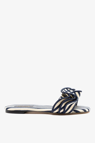 Flat Ivy Lona Listrado Azul e Babados — Larroudé