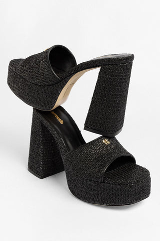 Mule Plataforma Dolly Ráfia Preto Mule Larroude