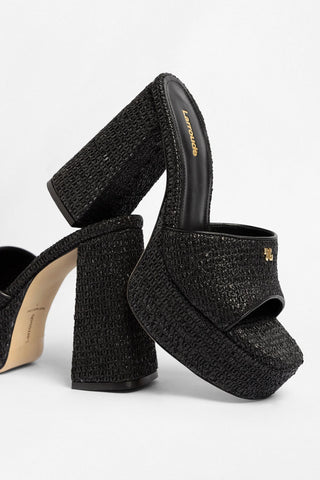 Mule Plataforma Dolly Ráfia Preto Mule Larroude