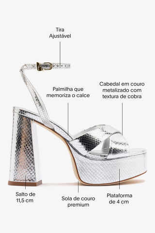 Sandália Plataforma Dolly X Couro Cobra Prateado