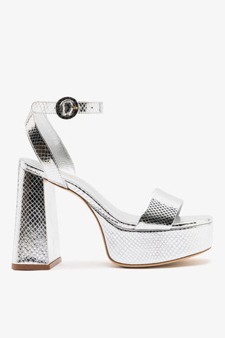 Sandália Plataforma Dolly Couro Cobra Prateado Sandal Larroudé