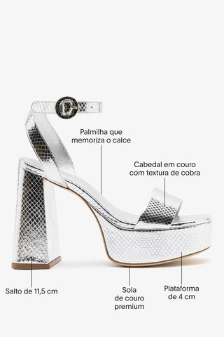 Sandália Plataforma Dolly Couro Cobra Prateado Sandal Larroudé