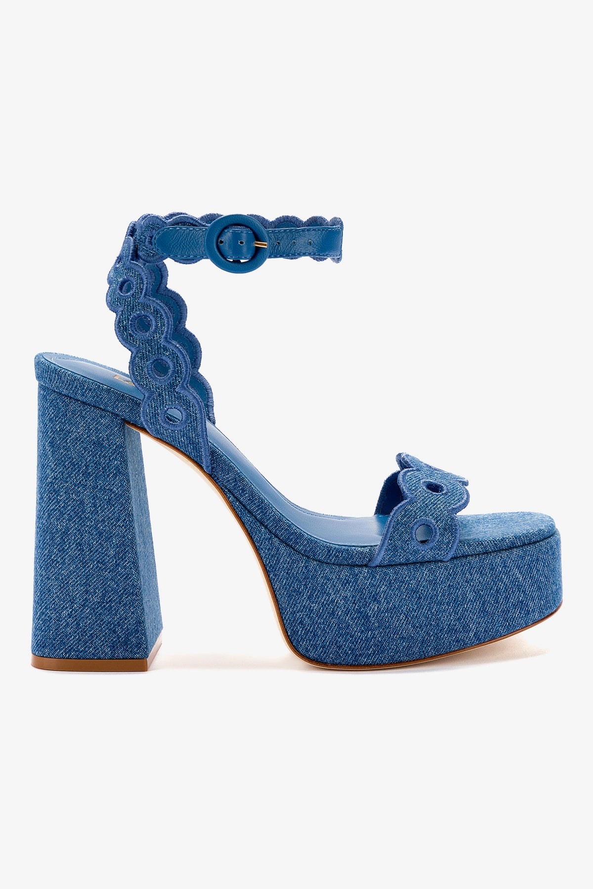 Dolly Broderie Sandal In Blue Stoned Denim