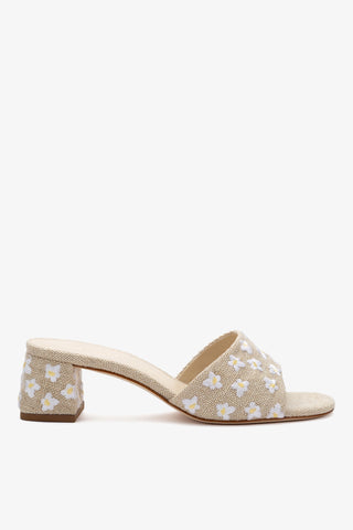 Mule Brigitte Linho Bege e Bordado Floral Sandal Larroudé