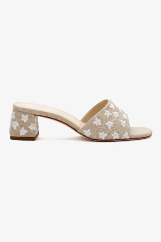 Mule Brigitte Linho Bege e Bordado Floral Sandal Larroudé