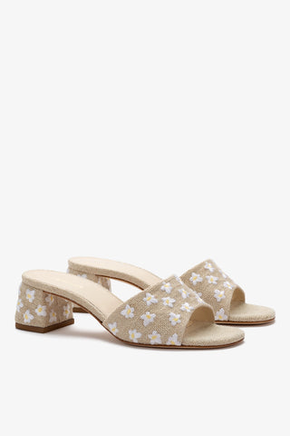 Mule Brigitte Linho Bege e Bordado Floral Sandal Larroudé
