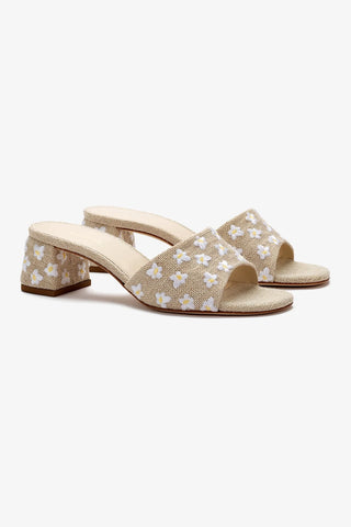 Mule Brigitte Linho Bege e Bordado Floral Sandal Larroudé