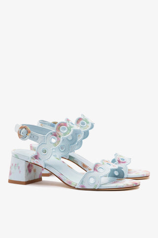 Larroudé x Markarian: Sandália Florence Tecido Azul Floral