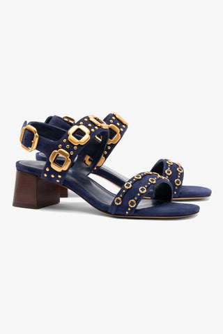 Sandália Salto Bloco Milan Azul e Tachas Dourado