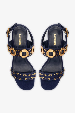 Sandália Salto Bloco Milan Camurça Azul e Tachas Dourado