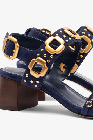 Sandália Salto Bloco Milan Azul e Tachas Dourado