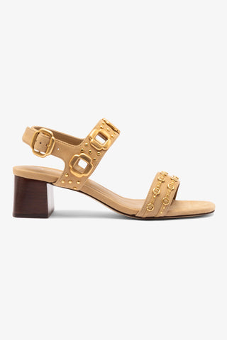 Sandália Salto Bloco Milan Marrom e Tachas Dourado