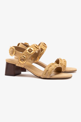 Sandália Salto Bloco Milan Marrom e Tachas Dourado