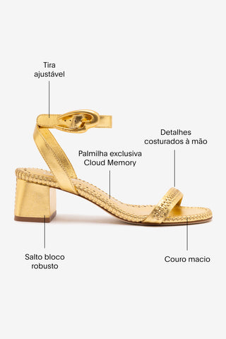 Sandália Salto Bloco Verona Couro Dourado