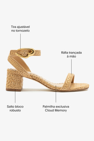 Sandália Salto Bloco Verona Ráfia Natural e Couro Bege