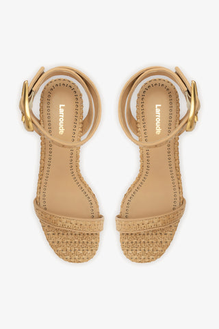 Sandália Salto Bloco Verona Ráfia Natural e Couro Bege